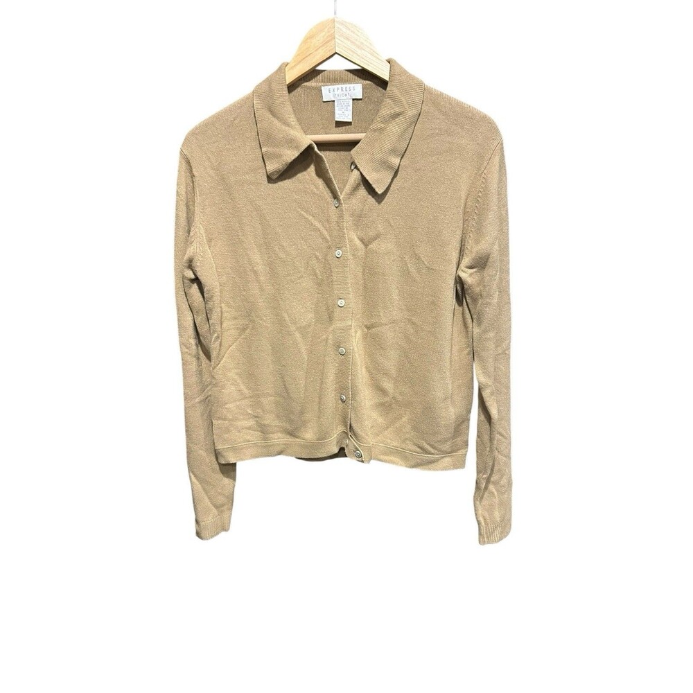Express Tricot Button Down Cardigan Tan Sized Medium Collar 90s Y2K Vintage